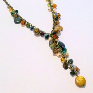 Brass Tone Crystal & Stone Chip Cluster Y Necklace *